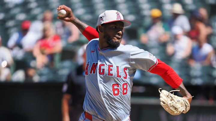 Jul 4, 2024; Oakland, California, USA; Los Angeles Angels relief pitcher Jose Marte (68) pitches the ball against the Oakland Athletics during the seventh inning at Oakland-Alameda County Coliseum. Mandatory Credit: Kelley L Cox-Imagn Images Jul 4, 2024; Oakland, California, USA; Los Angeles Angels relief pitcher Jose Marte (68) pitches the ball against the Oakland Athletics during the seventh inning at Oakland-Alameda County Coliseum. Mandatory Credit: Kelley L Cox-Imagn Images