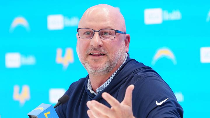 Apr 16, 2026; El Segundo, CA, USA; Los Angeles Chargers general manager Joe Hortiz speaks at press conference at The Bolt. Mandatory Credit: Kirby Lee-Imagn Images