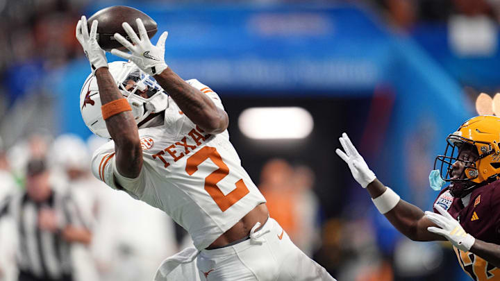Jan 1, 2025; Atlanta, GA, USA; Texas Longhorns wide receiver Matthew Golden (2) makes a catch against the Arizona State Sun Devils during the second half of the Peach Bowl at Mercedes-Benz Stadium. Jan 1, 2025; Atlanta, GA, USA; Texas Longhorns wide receiver Matthew Golden (2) makes a catch against the Arizona State Sun Devils during the second half of the Peach Bowl at Mercedes-Benz Stadium.