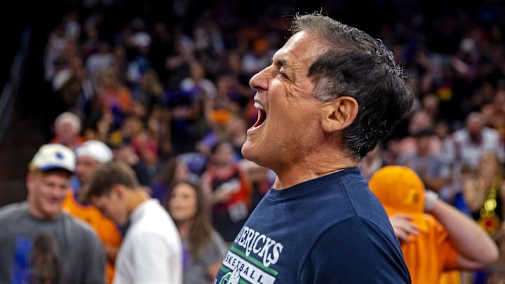 May 15, 2022; Phoenix, Arizona, USA; Dallas Mavericks owner Mark Cuban reacts during the third
