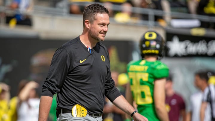 Oregon head coach Dan Lanning walks the field during warm ups as the Oregon Ducks host Colorado in the Pac-12 opener Saturday, Sept. 23, 2023, at Autzen Stadium in Eugene, Ore.