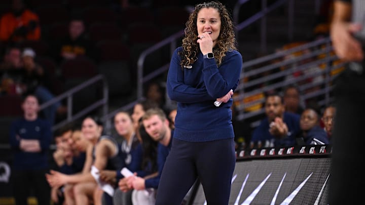 Penn State women's basketball coach Carolyn Kieger watches the action during a Big Ten game against USC. Penn State women's basketball coach Carolyn Kieger watches the action during a Big Ten game against USC.