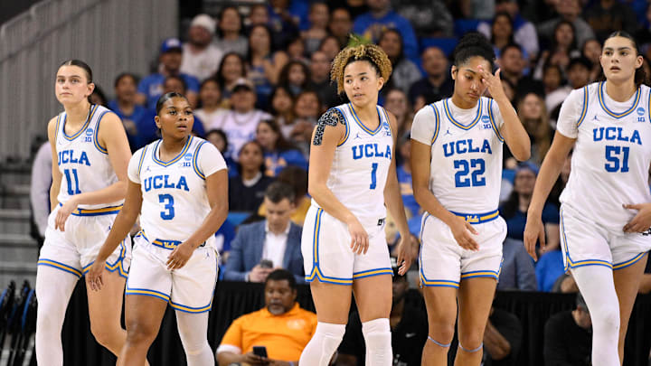 Mar 23, 2025; Los Angeles, California, USA; UCLA Bruins Gabriela Jaquez (11), Londynn Jones (3), Kiki Rice (1), Kendall Dudley (22), and Lauren Betts (51) during an NCAA Tournament second round game against the Richmond Spidersat Pauley Pavilion presented by Wescom. Mandatory Credit: Robert Hanashiro-Imagn Images