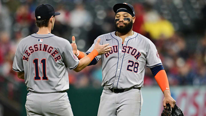 Sep 28, 2024; Cleveland, Ohio, USA; Houston Astros third baseman Grae Kessinger (11) and first baseman Jon Singleton (28) celebrate after the Astros beat the Cleveland Guardians at Progressive Field.