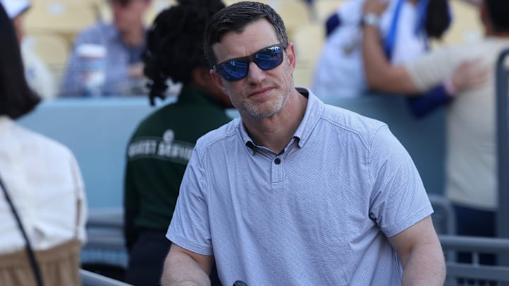Apr 11, 2025; Los Angeles, California, USA; Los Angeles Dodgers president of baseball operations Andrew Friedman before a game against the Chicago Cubs at Dodger Stadium. Mandatory Credit: Kiyoshi Mio-Imagn Images Apr 11, 2025; Los Angeles, California, USA; Los Angeles Dodgers president of baseball operations Andrew Friedman before a game against the Chicago Cubs at Dodger Stadium. Mandatory Credit: Kiyoshi Mio-Imagn Images