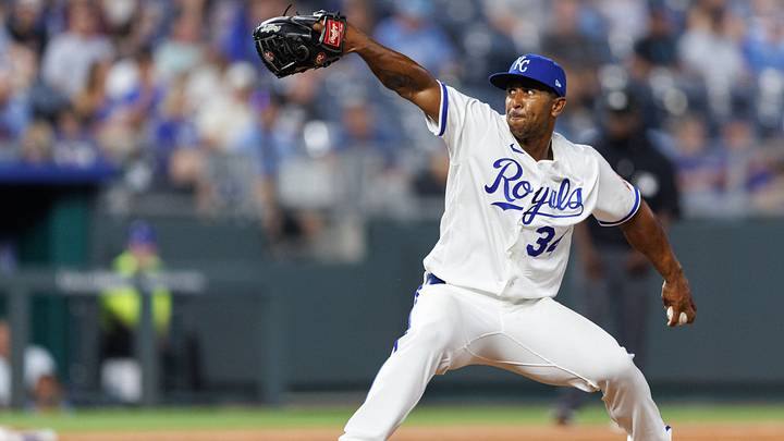 Sep 1, 2026: Kansas City Royals pitcher Anthony Gose (34) pitches during the seventh inning against the Miami Marlins at Kauffman Stadium. Credit: William Purnell-Imagn Images
