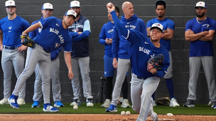 Feb 18, 2024; Dunedin, FL, USA;  Toronto Blue Jays pitcher Yariel Rodriguez (29) throws a pitch