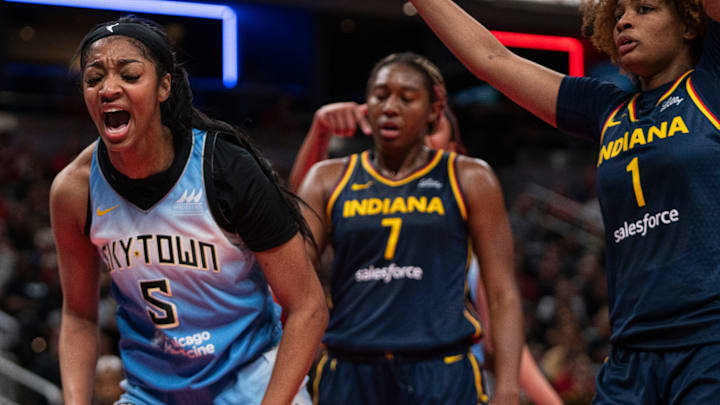 Chicago Sky forward Angel Reese (5) reacts after scoring on Sunday June 16, 2024, during the game at Gainbridge Fieldhouse in Indianapolis. The Fever beat the Sky 91-83. Chicago Sky forward Angel Reese (5) reacts after scoring on Sunday June 16, 2024, during the game at Gainbridge Fieldhouse in Indianapolis. The Fever beat the Sky 91-83.