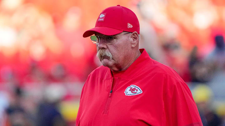 Aug 22, 2025; Kansas City, Missouri, USA; Kansas City Chiefs head coach Andy Reid on field against the Chicago Bears during the first half of the game at GEHA Field at Arrowhead Stadium. Mandatory Credit: Denny Medley-Imagn Images