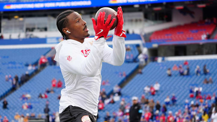 Nov 17, 2024; Orchard Park, New York, USA; Kansas City Chiefs wide receiver Mecole Hardman (17) warms up prior to the game against the Buffalo Bills at Highmark Stadium. Mandatory Credit: Gregory Fisher-Imagn Images