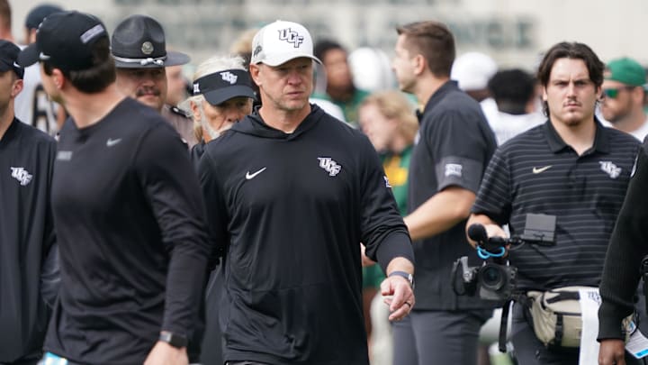 Nov 1, 2025; Waco, Texas, USA; UCF Knights head coach Scott Frost leaves the field following the game against the Baylor Bears at McLane Stadium. Mandatory Credit: Raymond Carlin III-Imagn Images