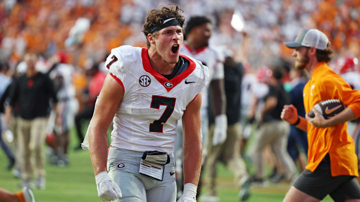 Sep 13, 2025; Knoxville, Tennessee, USA; Georgia Bulldogs tight end Lawson Luckie (7) reacts after the game against Tennessee Volunteers at Neyland Stadium. Mandatory Credit: Alan Poizner-Imagn Images Sep 13, 2025; Knoxville, Tennessee, USA; Georgia Bulldogs tight end Lawson Luckie (7) reacts after the game against Tennessee Volunteers at Neyland Stadium. Mandatory Credit: Alan Poizner-Imagn Images