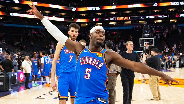 Apr 27, 2026; Phoenix, Arizona, USA; Oklahoma City Thunder guard Luguentz Dort (5) celebrates after defeating the Phoenix Suns in a four game sweep of the first round of the 2026 NBA Playoffs at Mortgage Matchup Center. Mandatory Credit: Mark J. Rebilas-Imagn Images Apr 27, 2026; Phoenix, Arizona, USA; Oklahoma City Thunder guard Luguentz Dort (5) celebrates after defeating the Phoenix Suns in a four game sweep of the first round of the 2026 NBA Playoffs at Mortgage Matchup Center. Mandatory Credit: Mark J. Rebilas-Imagn Images