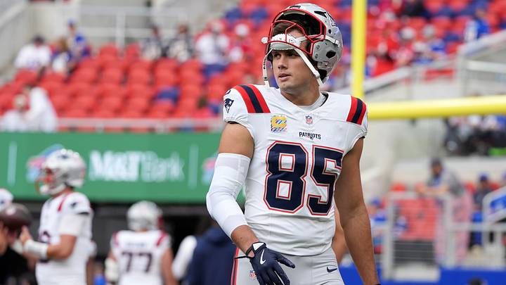 Hunter Henry #85 of the New England Patriots looks on before the game against the Buffalo Bills at New Highmark Stadium.