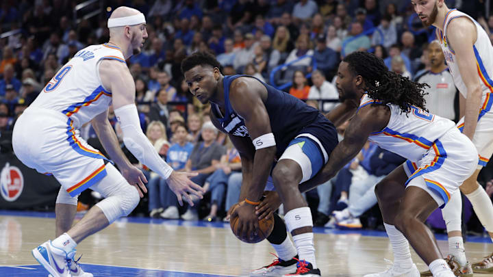 Mar 15, 2026; Oklahoma City, Oklahoma, USA; Oklahoma City Thunder guard Cason Wallace (22) reaches to steal the ball away from Minnesota Timberwolves guard Anthony Edwards (5) during the second half at Paycom Center. Mandatory Credit: Alonzo Adams-Imagn Images Mar 15, 2026; Oklahoma City, Oklahoma, USA; Oklahoma City Thunder guard Cason Wallace (22) reaches to steal the ball away from Minnesota Timberwolves guard Anthony Edwards (5) during the second half at Paycom Center. Mandatory Credit: Alonzo Adams-Imagn Images