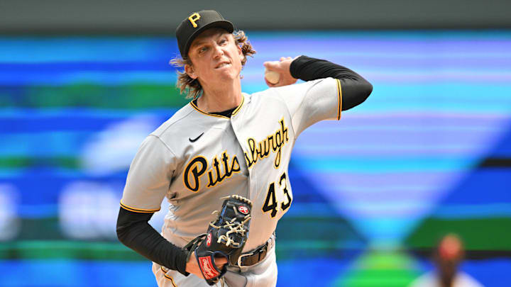 Aug 20, 2023; Minneapolis, Minnesota, USA; Pittsburgh Pirates relief pitcher Ryan Borucki (43) throws a pitch against the Minnesota Twins during the third inning at Target Field. Mandatory Credit: Jeffrey Becker-Imagn Images