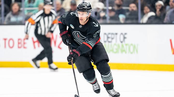 Apr 9, 2026; Seattle, Washington, USA;  Seattle Kraken forward Jaden Schwartz (17) skates with the puck against the Vegas Golden Knights at Climate Pledge Arena. Mandatory Credit: Stephen Brashear-Imagn Images