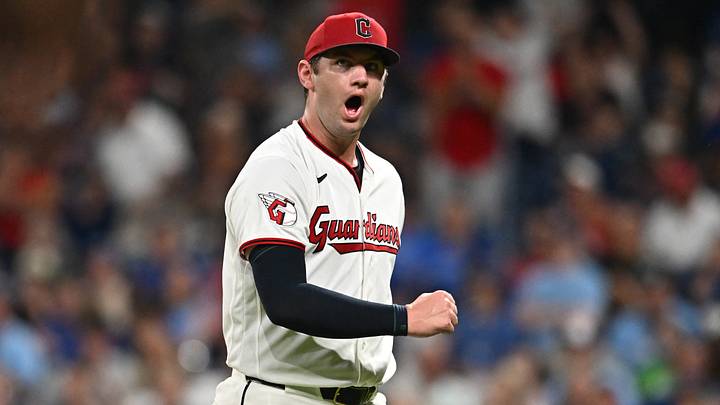Sep 1, 2026; Cleveland, Ohio, USA; Cleveland Guardians pitcher Gavin Williams (32) reacts after striking out Toronto Blue Jays shortstop Andres Gimenez (not pictured) to end the seventh inning at Progressive Field. Mandatory Credit: Ken Blaze-Imagn Images