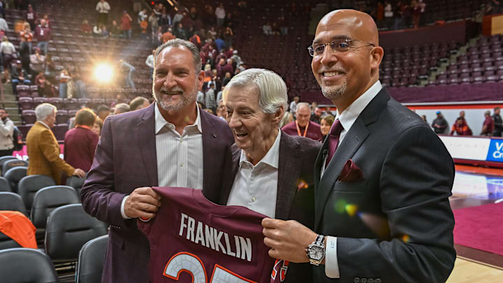 Nov 19, 2025; Blacksburg, VA, USA;  Bud Foster, Frank Beamer and James Franklin after the press conference at Cassell Coliseum. Mandatory Credit: Brian Bishop-Imagn Images