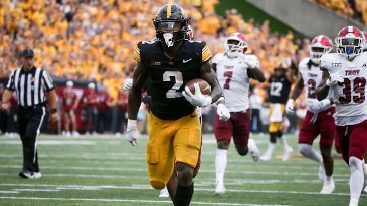 Iowa’s Kaleb Johnson (2) runs the ball to the endzone against Troy Saturday, Sept. 14, 2024 at Kinnick Stadium in Iowa City, Iowa.