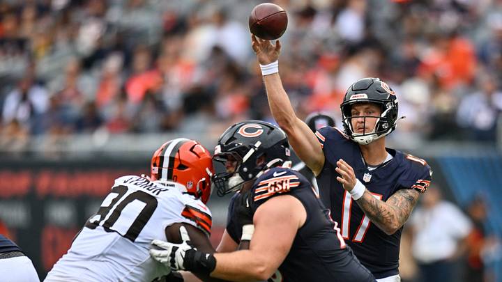 Chicago Bears quarterback Tyson Bagent (17) passes the ball against the Cleveland Browns during the first half at Soldier Field. Credit: Patrick Gorski Chicago Bears quarterback Tyson Bagent (17) passes the ball against the Cleveland Browns during the first half at Soldier Field. Credit: Patrick Gorski
