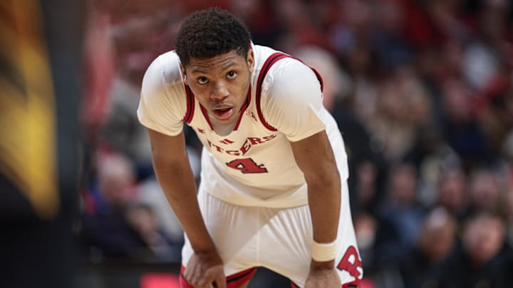 Feb 12, 2025; Piscataway, New Jersey, USA; Rutgers Scarlet Knights guard Ace Bailey (4) looks on during the second half against the Iowa Hawkeyes at Jersey Mike's Arena. Mandatory Credit: Vincent Carchietta-Imagn Images