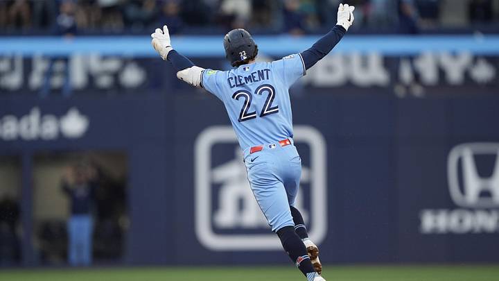 Jun 8, 2026: Toronto Blue Jays second baseman Ernie Clement (22) celebrates as he runs the bases on his solo home run against the Philadelphia Phillies during the fifth inning at Rogers Centre. 