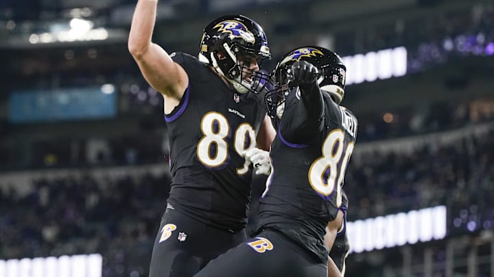 Jan 1, 2023; Baltimore, Maryland, USA; Baltimore Ravens tight end Isaiah Likely (80) celebrates with tight end Mark Andrews (89) after scoring a touchdown against the Pittsburgh Steelers during the first half at M&T Bank Stadium. Mandatory Credit: Jessica Rapfogel-Imagn Images
