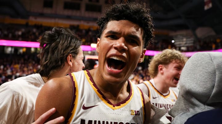 Jan 6, 2026; Minneapolis, Minnesota, USA; Minnesota Golden Gophers guard Isaac Asuma (1) celebrates his teams win against the Iowa Hawkeyes during the second half at Williams Arena. Mandatory Credit: Matt Krohn-Imagn Images