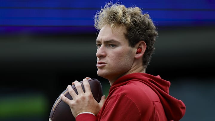 Nov 2, 2024; Seattle, Washington, USA; USC Trojans quarterback Miller Moss (7) participates in pregame warmups against the Washington Huskies at Alaska Airlines Field at Husky Stadium.