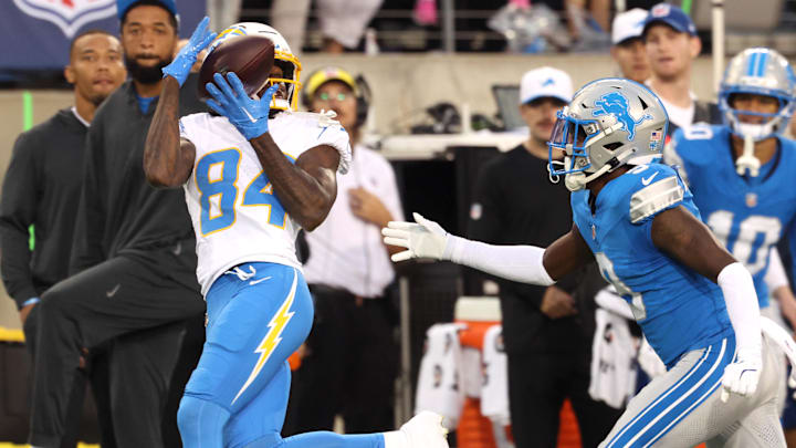Los Angeles Chargers wide receiver KeAndre Lambert-Smith makes a catch against Detroit Lions cornerback Ennis Rakestraw Jr.