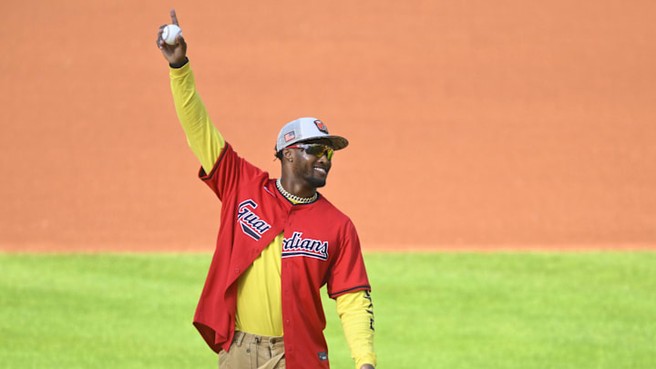 May 21, 2024; Cleveland, Ohio, USA; Cleveland Browns cornerback Denzel Ward stands on the mound during a ceremonial first pitch before a game between the Cleveland Guardians and the New York Mets at Progressive Field. Mandatory Credit: David Richard-USA TODAY Sports
