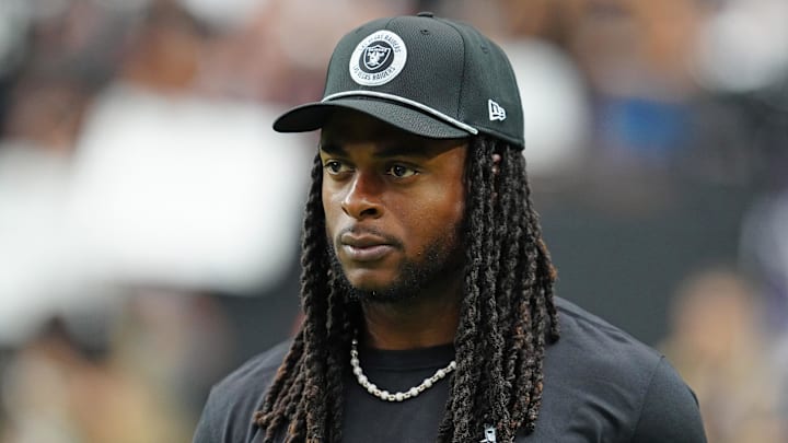 Sep 29, 2024; Paradise, Nevada, USA; Las Vegas Raiders wide receiver Davante Adams (17) walks the sideline before the start of a game between the Raiders and the Cleveland Browns at Allegiant Stadium. Mandatory Credit: Stephen R. Sylvanie-Imagn Images