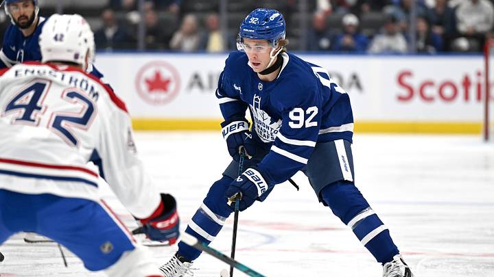 Sep 19, 2026; Toronto, Ontario, CAN; Toronto Maple Leafs forward Gavin McKenna (92) brings the puck up the ice against the Montreal Canadiens in the first period at Scotiabank Arena. Mandatory Credit: Dan Hamilton-Imagn Images Sep 19, 2026; Toronto, Ontario, CAN; Toronto Maple Leafs forward Gavin McKenna (92) brings the puck up the ice against the Montreal Canadiens in the first period at Scotiabank Arena. Mandatory Credit: Dan Hamilton-Imagn Images