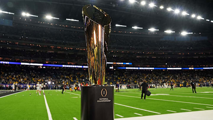 The College Football Playoff trophy before last year's National Championship Game