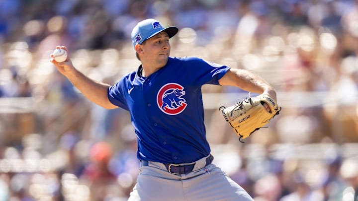 Feb 20, 2025; Phoenix, Arizona, USA; Chicago Cubs pitcher Cody Poteet against the Los Angeles Dodgers during a spring training game at Camelback Ranch-Glendale. Mandatory Credit: Mark J. Rebilas-Imagn Images Feb 20, 2025; Phoenix, Arizona, USA; Chicago Cubs pitcher Cody Poteet against the Los Angeles Dodgers during a spring training game at Camelback Ranch-Glendale. Mandatory Credit: Mark J. Rebilas-Imagn Images