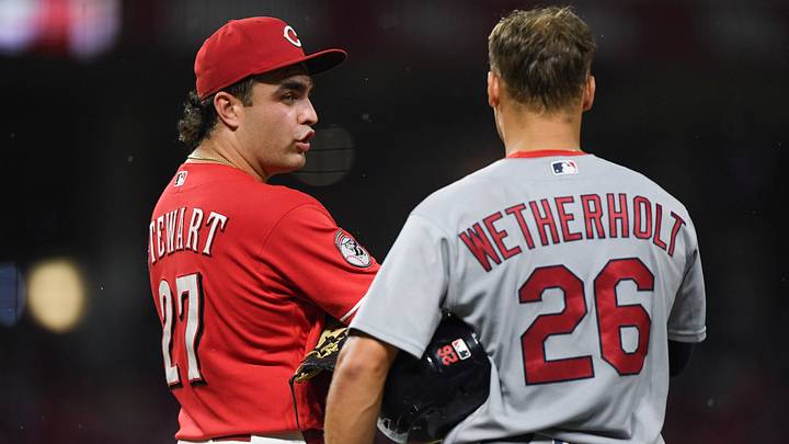 Aug 19, 2026; Cincinnati, Ohio, USA; Cincinnati Reds first baseman Sal Stewart (27) and St. Louis Cardinals second baseman JJ Wetherholt (26) talk during the ninth inning at Great American Ball Park. Mandatory Credit: Tanner Pearson-Imagn Images Aug 19, 2026; Cincinnati, Ohio, USA; Cincinnati Reds first baseman Sal Stewart (27) and St. Louis Cardinals second baseman JJ Wetherholt (26) talk during the ninth inning at Great American Ball Park. Mandatory Credit: Tanner Pearson-Imagn Images