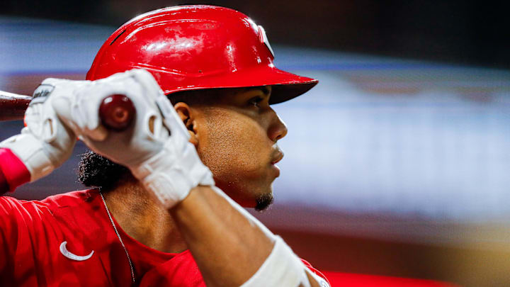 May 10, 2023; Cincinnati, Ohio, USA; Cincinnati Reds shortstop Jose Barrero (2) prepares on deck during the eighth inning against the New York Mets at Great American Ball Park. Mandatory Credit: Katie Stratman-Imagn Images