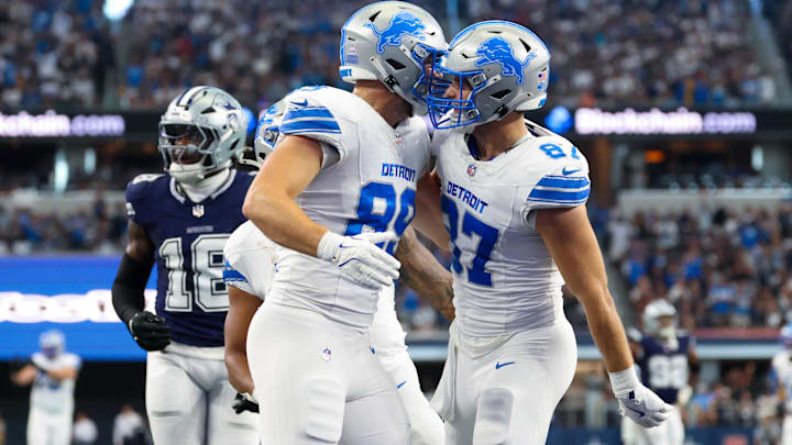 Tight end Sam LaPorta (left) celebrates a Lions TD with tight end Brock Wright last year. The use of two tight ends, in particular, was a strength that developed under Ben Johnson. Tight end Sam LaPorta (left) celebrates a Lions TD with tight end Brock Wright last year. The use of two tight ends, in particular, was a strength that developed under Ben Johnson.