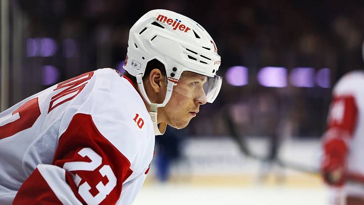 Apr 4, 2026; New York, New York, USA; Detroit Red Wings left wing Lucas Raymond (23) waits for a face-off against the New York Rangers during the third period at Madison Square Garden. Mandatory Credit: Danny Wild-Imagn Images Apr 4, 2026; New York, New York, USA; Detroit Red Wings left wing Lucas Raymond (23) waits for a face-off against the New York Rangers during the third period at Madison Square Garden. Mandatory Credit: Danny Wild-Imagn Images