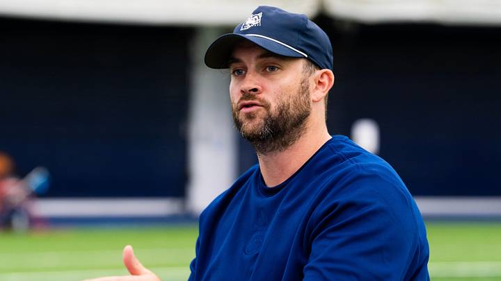 Penn State offensive coordinator Taylor Mouser answers questions during football media day in Holuba Hall, Friday, August 7, 2026, in State College.