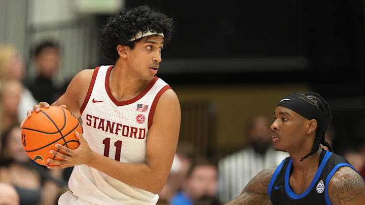 Feb 28, 2026; Stanford, California, USA; Stanford Cardinal guard Ryan Agarwal (11) handles the ball against Southern Methodist University Mustangs guard Jaron Pierre Jr. (right) during the second half at Maples Pavilion. Mandatory Credit: Darren Yamashita-Imagn Images Feb 28, 2026; Stanford, California, USA; Stanford Cardinal guard Ryan Agarwal (11) handles the ball against Southern Methodist University Mustangs guard Jaron Pierre Jr. (right) during the second half at Maples Pavilion. Mandatory Credit: Darren Yamashita-Imagn Images