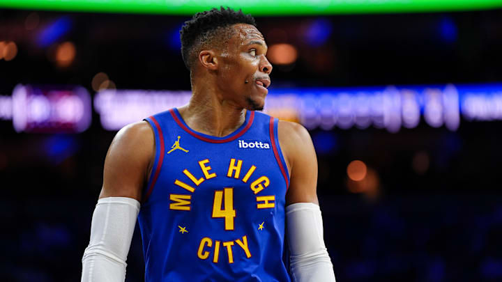 Jan 31, 2025; Philadelphia, Pennsylvania, USA; Denver Nuggets guard Russell Westbrook (4) looks on against the Philadelphia 76ers in the first quarter at Wells Fargo Center. Mandatory Credit: Kyle Ross-Imagn Images