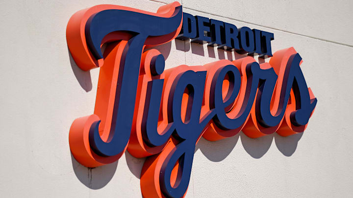 Mar 7, 2021; Lakeland, Florida, USA; A general view of the Detroit Tigers script logo on the building at Publix Field at Joker Marchant Stadium during the spring training game between the Detroit Tigers and the Toronto Blue Jays. Mar 7, 2021; Lakeland, Florida, USA; A general view of the Detroit Tigers script logo on the building at Publix Field at Joker Marchant Stadium during the spring training game between the Detroit Tigers and the Toronto Blue Jays.