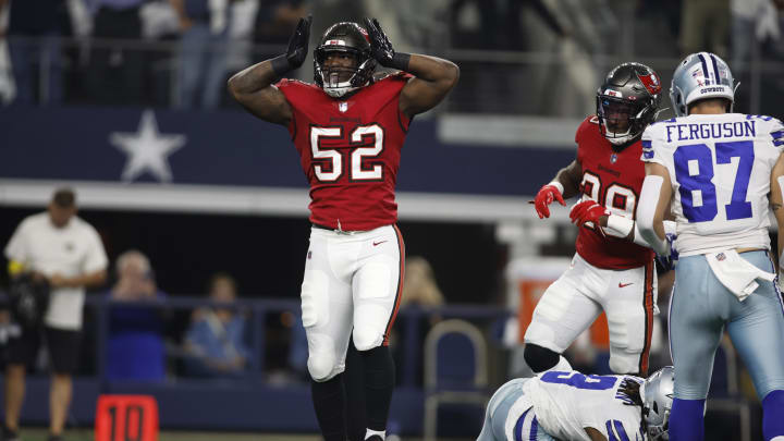Sep 11, 2022; Arlington, Texas, USA; Tampa Bay Buccaneers linebacker K.J. Britt (52) reacts.