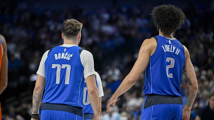 Dec 2, 2023; Dallas, Texas, USA; Dallas Mavericks guard Luka Doncic (77) and center Dereck Lively II