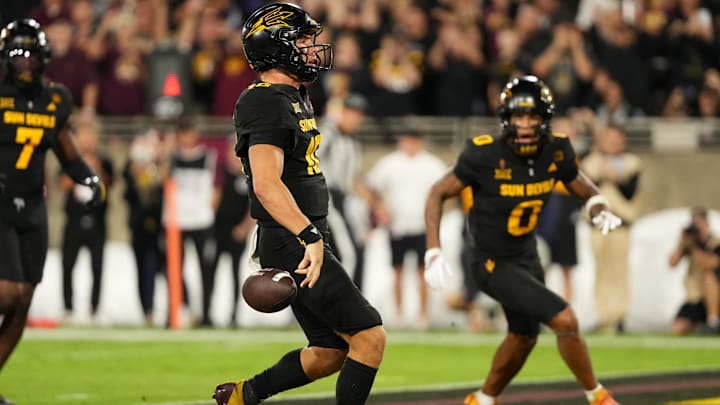 Sep 26, 2025; Tempe, Arizona, USA; Arizona State Sun Devils quarterback Sam Leavitt (10) walks in for a touchdown against the TCU Horned Frogs in the first half at Mountain America Stadium, Home of the ASU Sun Devils. Mandatory Credit: Jacob Reiner-Imagn Images
