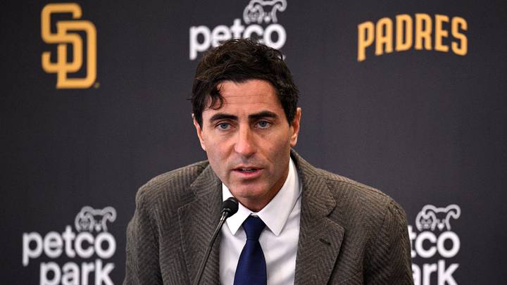Nov 21, 2023; San Diego, CA, USA; San Diego Padres president of baseball operations and general manager A.J. Preller speaks to the media during a press conference announcing the hiring of manager Mike Shildt (not pictured) at Petco Park. Mandatory Credit: Orlando Ramirez-USA TODAY Sports