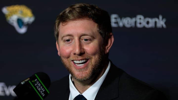 Liam Coen answers media questions after speaking and being introduced as the new Jacksonville Jaguars head coach during a press conference Monday, Jan. 27, 2025 at the Miller Electric Center in Jacksonville, Fla. [Corey Perrine/Florida Times-Union]