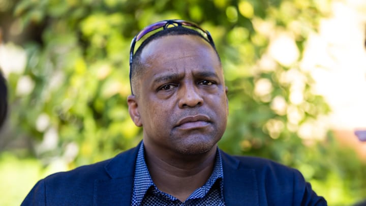 Nov 7, 2023; Scottsdale, AZ, USA; Houston Astros general manager Dana Brown speaks to the media during the MLB General Manager's Meetings at Omni Scottsdale Resort & Spa.